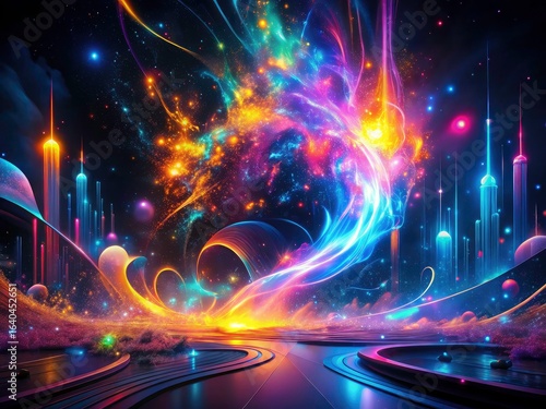 Neon lights blur into bokeh, intertwining with fantastical smoke and dazzling sparks in this abstract photograph.