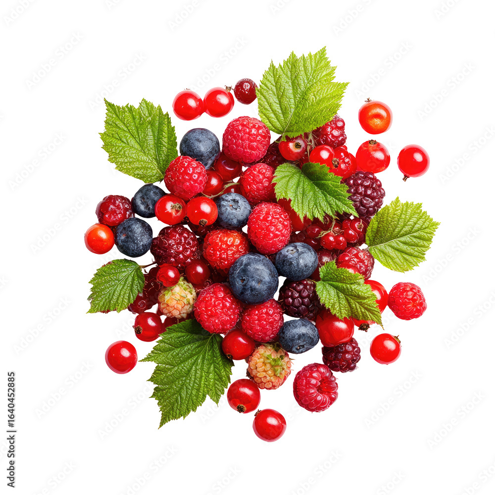 Obraz premium Vibrant cluster of assorted berries and leaves