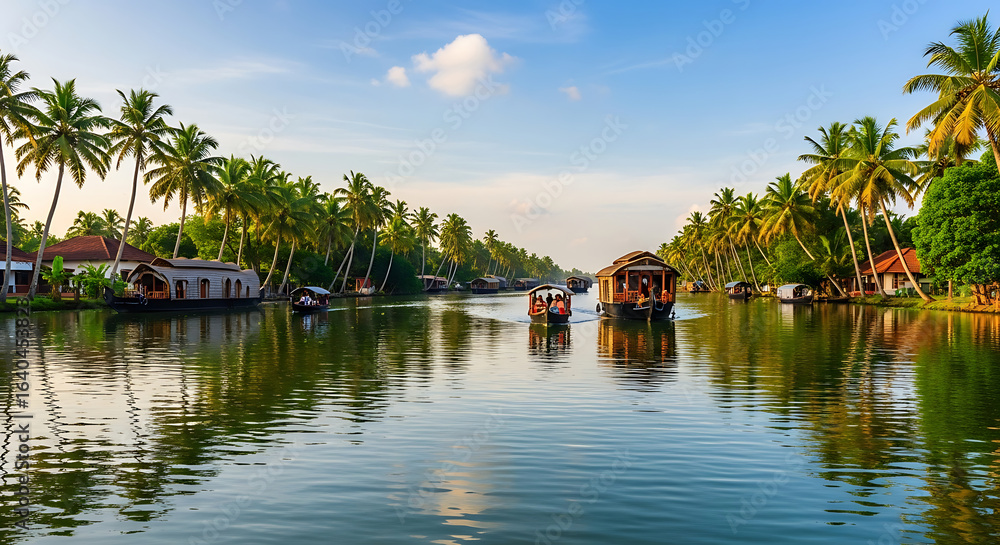 Fototapeta premium Scenic view of traditional houseboats cruising on the beautiful backwaters of Kerala, India, lined with lush coconut palm trees.