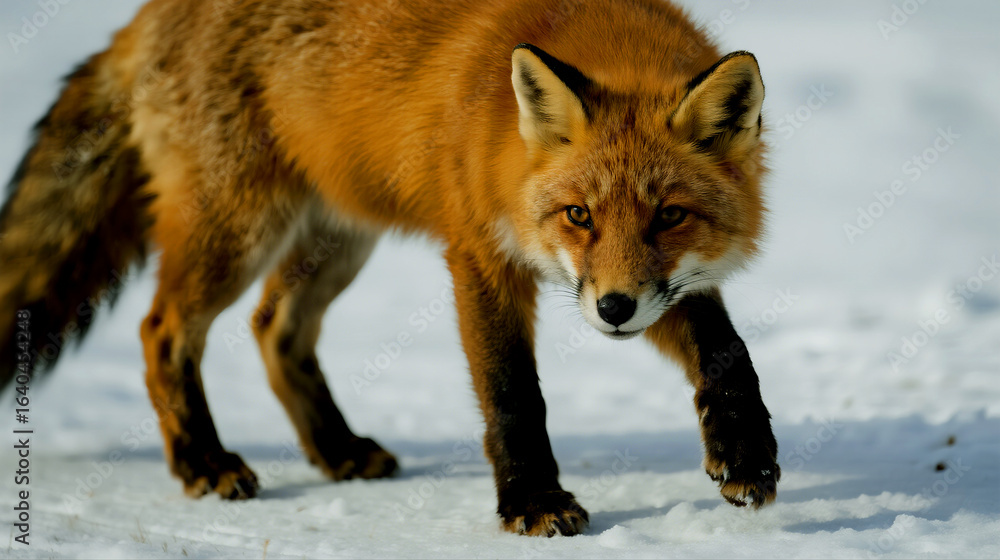 Fototapeta premium Majestic Red Fox Navigates Snowy Winter Landscape with Fierce Determination