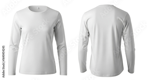 White long sleeve women's t-shirt mockup showing front and back views. Blank apparel template isolated on a white background for design.