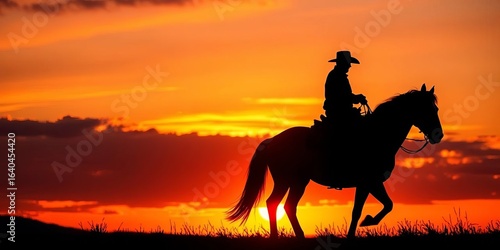Silhouetted cowboy riding horse at sunset, vibrant colors,  stock photo, cowboy