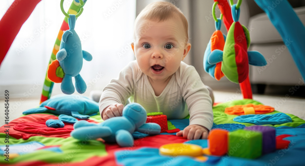 Obraz premium A baby lying on a colorful play mat with toys.
