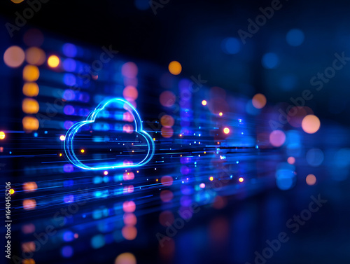 Cloud migration concept showing data being transferred through digital network with vibrant