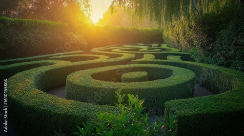 A lush green maze with winding paths, illuminated by warm sunlight filtering through trees, creating a serene and enchanting atmosphere.