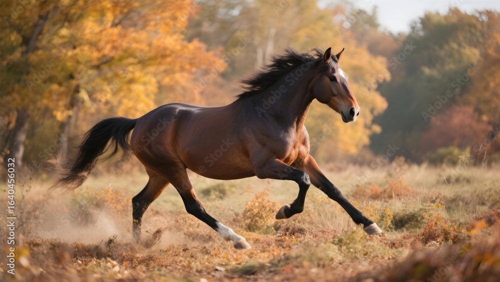 Fototapeta premium A captivating view of a magnificent brown horse galloping freely during autumn season
