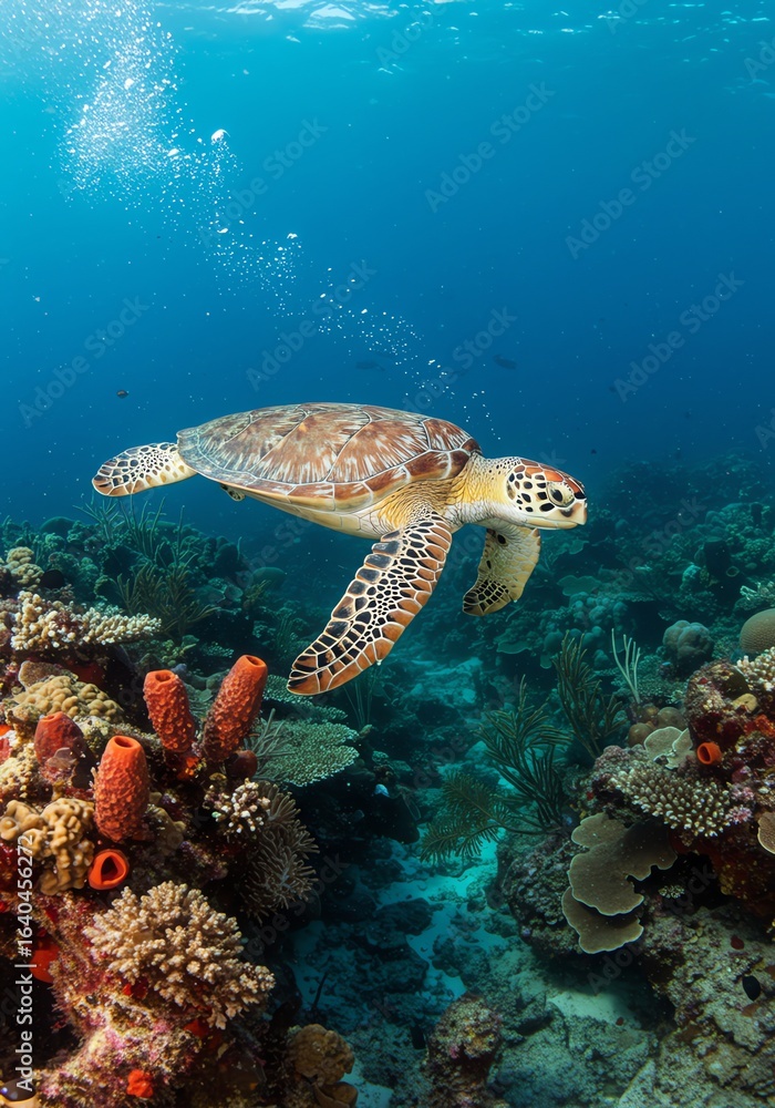 Fototapeta premium Sea Turtle Swimming Over Vibrant Coral Reef Under Clear Blue Water