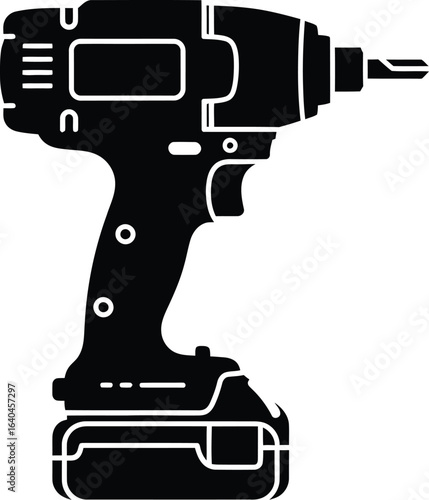 Silhouette of cordless power drill driver tool, a construction equipment for repair jobs, a professional instrument for driving screws and fasteners with torque
