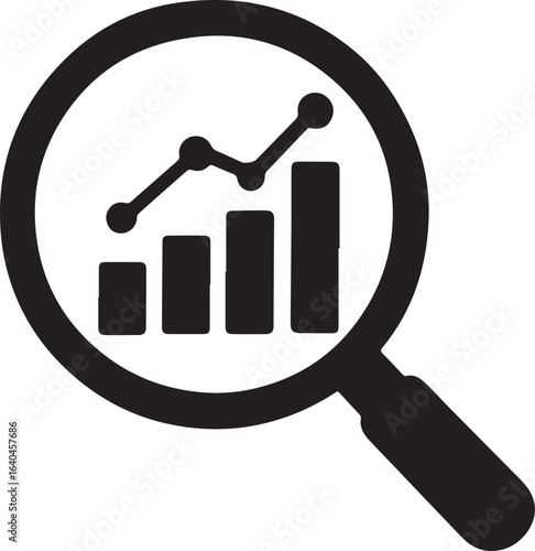 Magnifying glass over bar chart with upward trend line