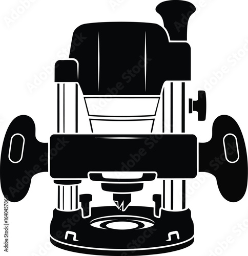 Black illustration of a plunge router, a power tool used in woodworking for routing out an area in the face of a wooden workpiece