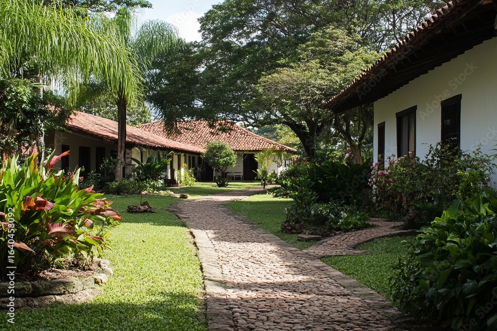 Tranquil courtyard with terracotta roofs and lush greenery Tranquil courtyard with terracotta roofs and lush greenery