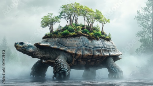 A giant turtle carries a lush green landscape on its shell, set against a misty background, blending nature and fantasy in a surreal scene.