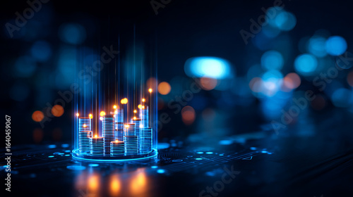 Digital data visualization with glowing bars representing analytics trends and insights