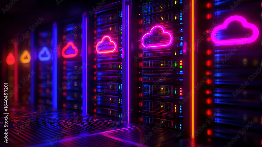 Fototapeta premium Cloud computing concept with vibrant neon lights and server racks creating futuristic atmosphere