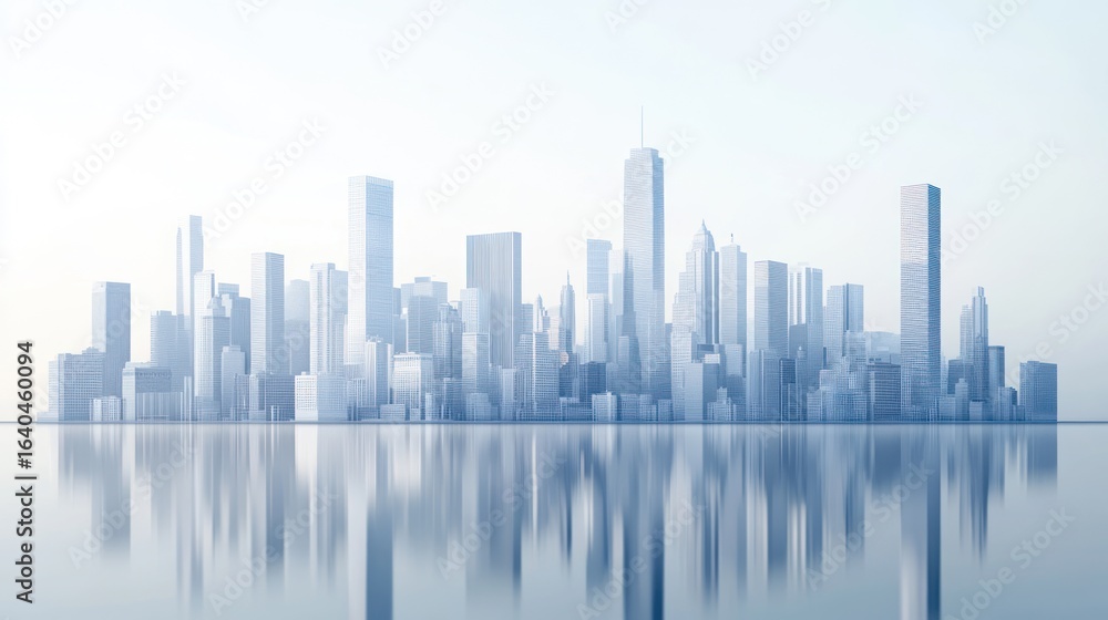 Obraz premium Modern city skyline reflected in water, sunrise, urban view, for architecture or business background