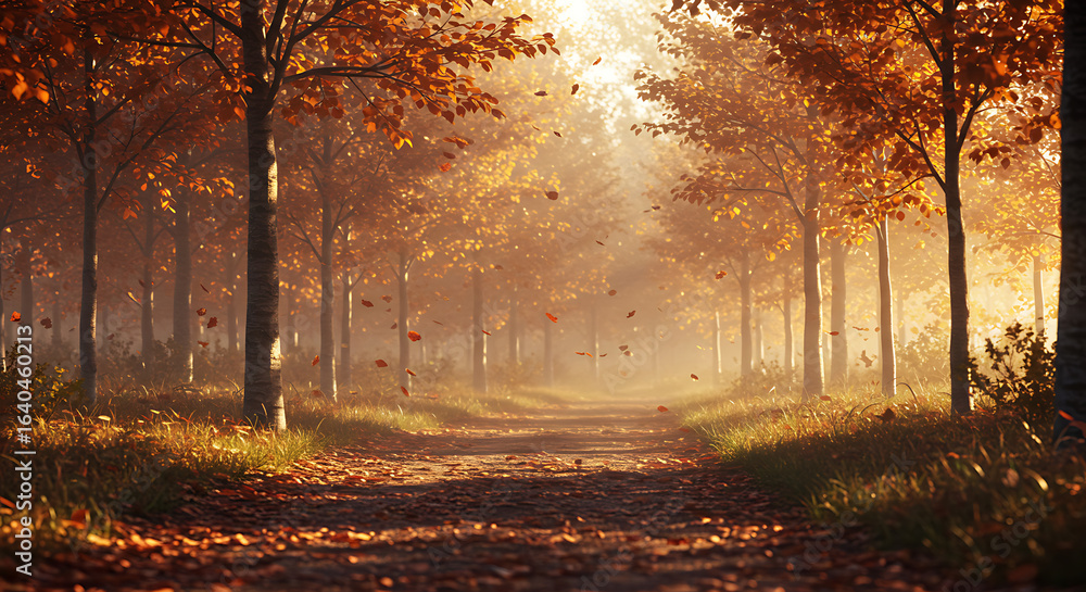 Fototapeta premium Serene autumn scene with golden sunlight filtering through colorful trees
