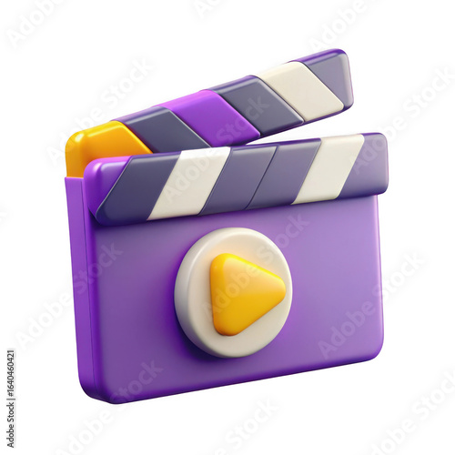 3d purple movie clapperboard with play button isolated on transparent background