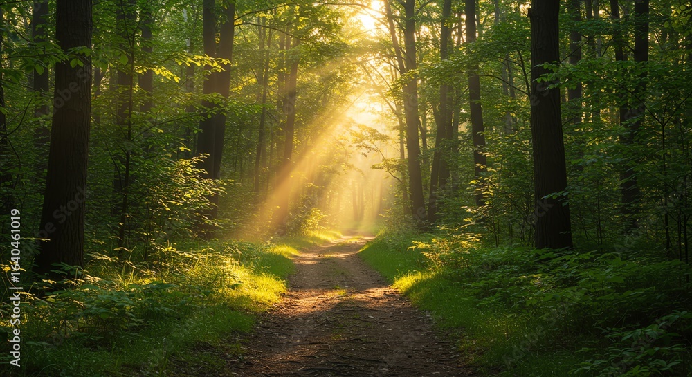 Fototapeta premium Sunlight Rays Filtering Through Green Forest Path in Morning Light
