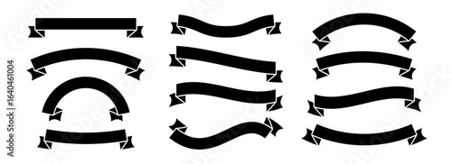 Black ribbon banner set. Wavy and curved ribbons collection for emblem, sticker, advertising, poster, promotion, frame. Vintage dark label tag element bundle for graphic design template. Vector