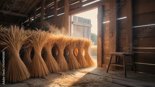 Inside a weathered barn, sunlight streams through the open door, illuminating a collection of gathered wheat stalks.