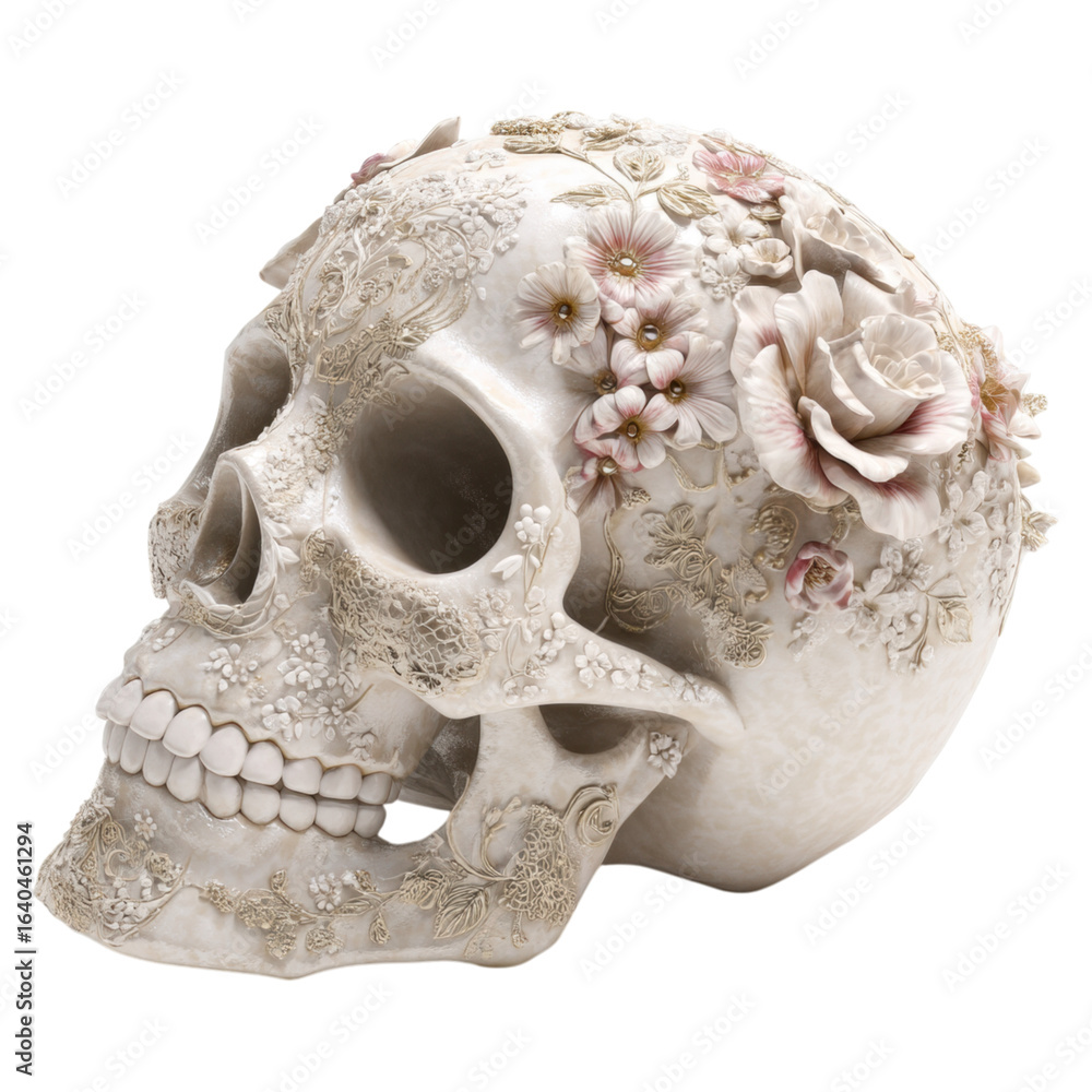 Fototapeta premium Delicate Sugar Skull Decorated with Flowers for Day of the Dead