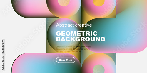 Abstract geometric background features vibrant overlapping shapes. Text includes geometric background, plus sample lorem ipsum text, button.