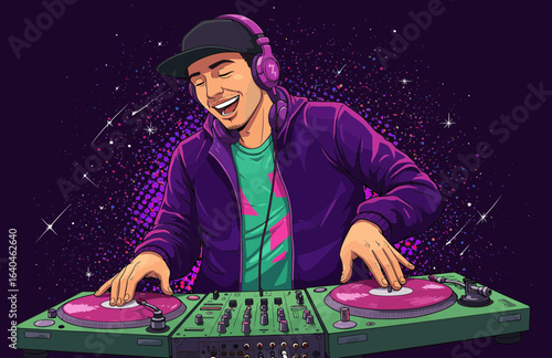 A cheerful female DJ, wearing headphones and an orange tank top, is actively mixing music on a DJ turntable.