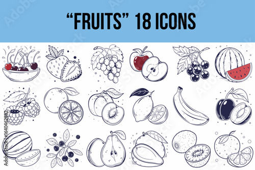 18 hand-drawn fruit icons in various styles and colors  