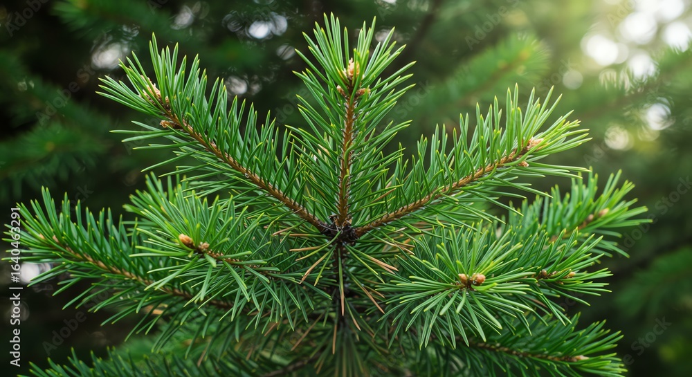 Fototapeta premium Green Pine Tree Branch with Needle Leaves in Natural Forest Setting