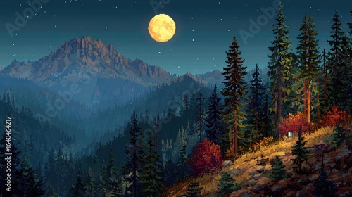 Pixel art night landscape, mountains, forest, moon