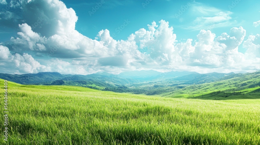 Fototapeta premium A serene, green meadow with a clear blue sky and distant mountains under a bright, sunny day.