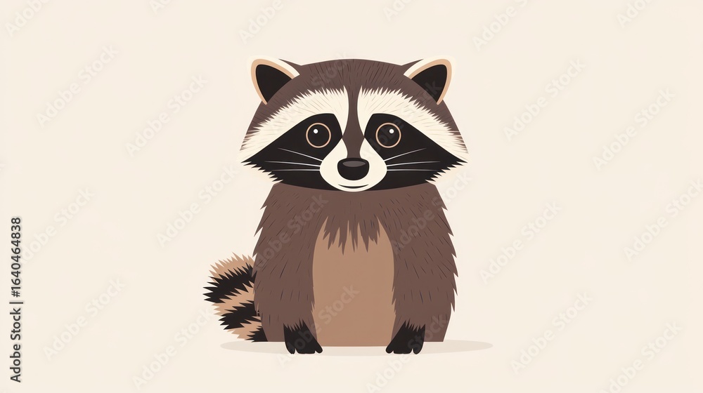 Fototapeta premium Cute cartoon raccoon, sitting, simple background, children's book illustration