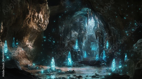 A mystical cave adorned with glowing blue crystals, creating an enchanting atmosphere filled with shimmering lights and a sense of otherworldly beauty.