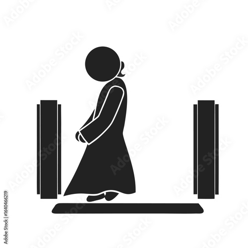 Isolated pictogram sign of loose or long clothing stuck on escalator, for mall, airport, public place safety sign
