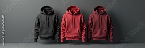 Three plain hoodies in various colors against a gray backdrop.