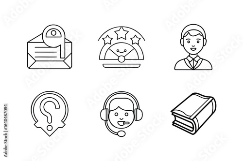 Customer Service Icon set. A contact form icon, a customer satisfaction meter, a customer service agent, a faq icon, a help book manual and more. vector illustration