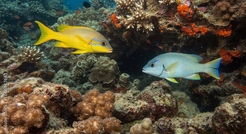 Naklejka premium Colorful Underwater Fish Swimming Near Coral Reef Scene