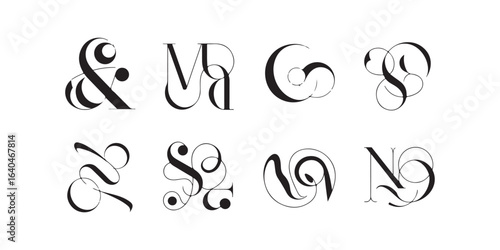 Elegant initial letter designs in black ink on a white background in a symmetrical arrangement