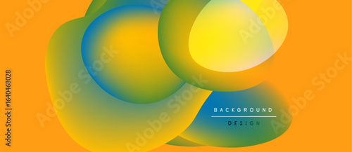 Abstract fluid shapes overlap, creating vibrant color gradients. Orange background complements blue, yellow hues. Modern design element.