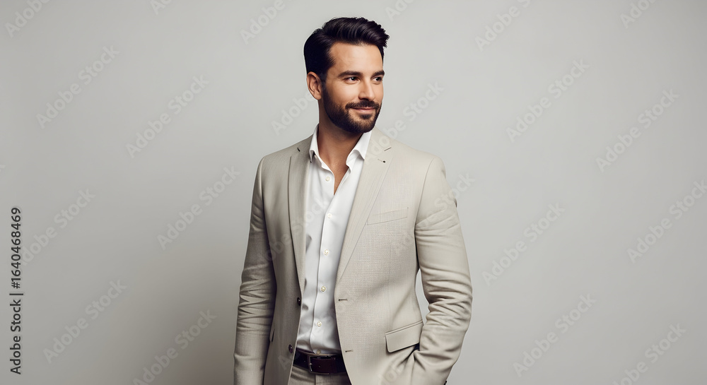 Obraz premium Confident successful businessman in beige suit looking away stylish modern portrait professional corporate headshot male model