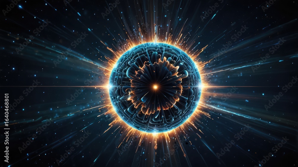 Fototapeta premium A vibrant cosmic sphere radiates energy, glowing with intense orange and blue light against a dark, star-dusted backdrop.