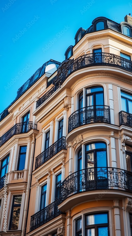 Fototapeta premium Beige building facade, ornate balconies, clear blue sky