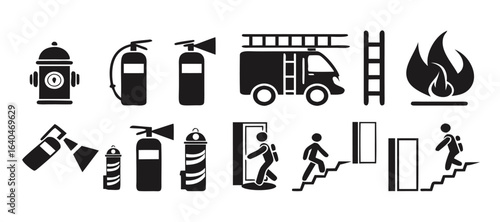 Isolated bundle Firefighting icons: hose, hydrant, flame, exit, emergency, symbolizing safety, rescue, fire department equipment, and alerts
