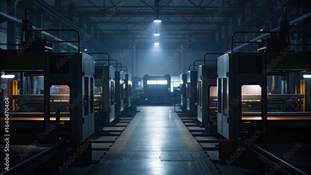 Fototapeta premium Dark industrial setting featuring rows of machinery and equipment, illuminated by overhead lights, creating a stark atmosphere.