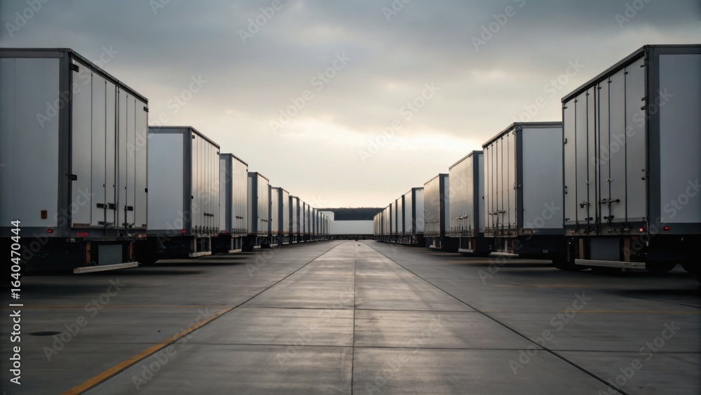 Obraz premium Rows of trucks parked on a concrete lot under an overcast sky, creating a symmetrical perspective.