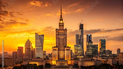 Warsaw City Skyline with Palace of Culture and Science during Golden Hour