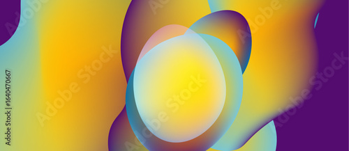 Abstract fluid shapes blend, creating vibrant yellow, purple gradients. Smooth transitions suggest movement, energy, modern design.