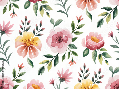 Watercolor floral seamless pattern, hand-painted flowers and leaves, pastel botanical design, repeatable tile, elegant nature background for print and digital use