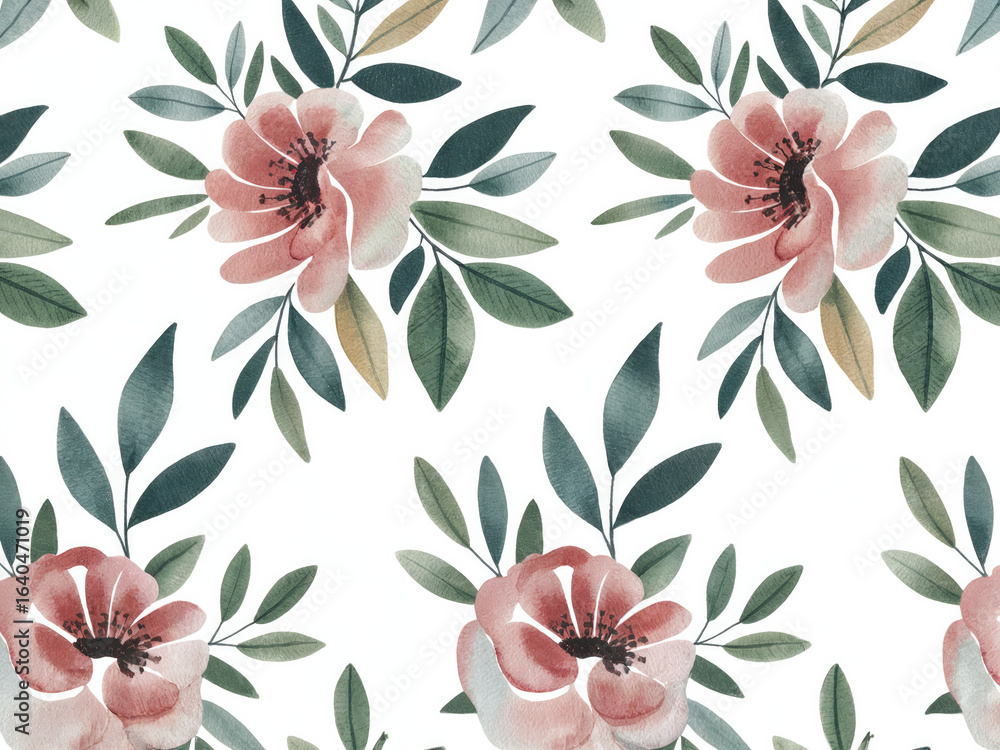 Obraz premium Watercolor floral seamless pattern, hand-painted flowers and leaves, pastel botanical design, repeatable tile, elegant nature background for print and digital use