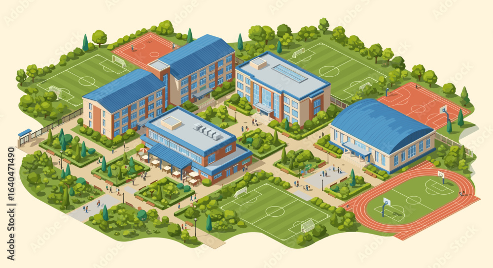 custom made wallpaper toronto digitalIsometric school campus illustration shows learning buildings and sports grounds for education concepts